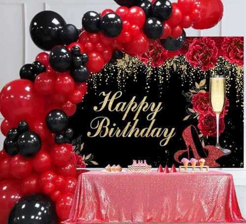 Sensfun 7x5ft Red Floral Birthday Backdrop Magenta Flowers High Heels Birthday Party Decorations Glitter Gold Dots Women Happy Birthday Banner Photoshoot Photography Background Party Supplies by sensfun - Used condition - Image 3