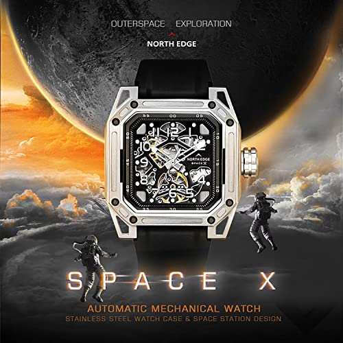 North Edge Automatic Mechanical Watch - Men's Skeleton Stainless Steel Silver Mechanical Watch Seagull Movement Ruby Crystal Wristwatch For Men Space X Series #TOP5