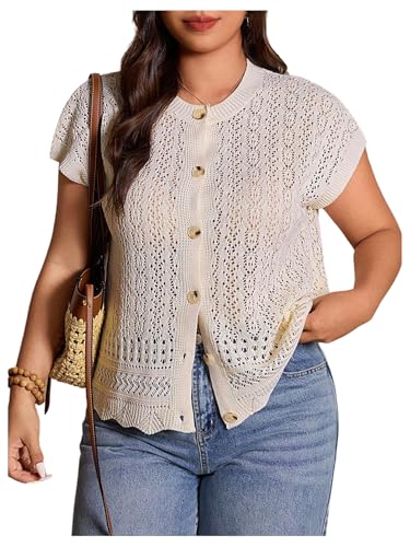 SHENHE Women's Plus Size Short Sleeve Crochet Cardigan Button Up Crewneck Lightweight Sweater Apricot X-Large Plus