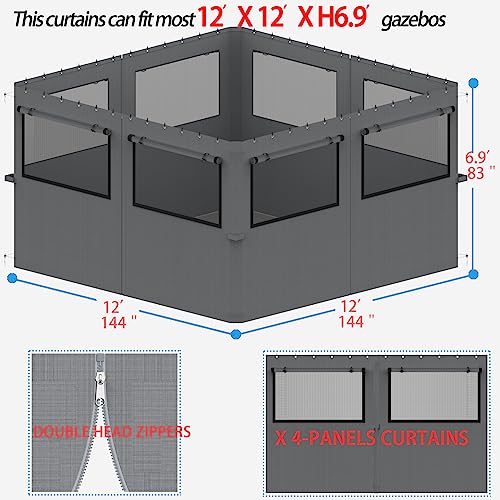 12-ft x 12-ft Gazebo Curtains,Privacy Replacement Full Zippered Sidewall with 4-Panel Universal Shade Curtains Set,Enclosure Sidewall Kit with Roller Up Mesh Window,Protecting Side Walls-Grey