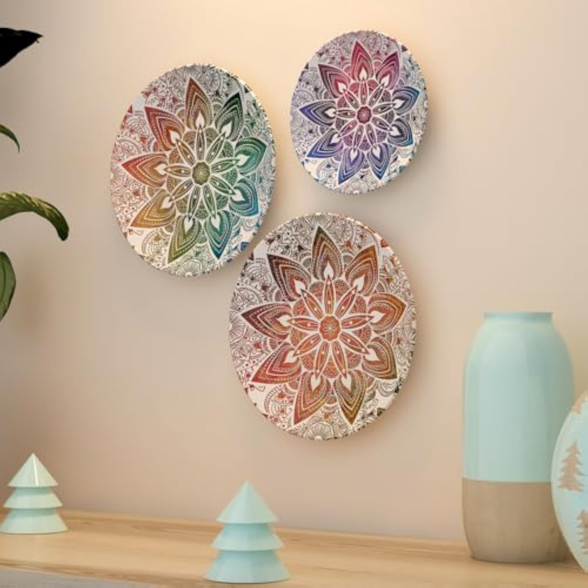Vibrant Mandala Wall Plates Set of 3, Multicolor Boho Decor