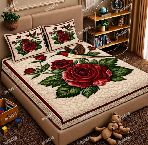 Image of RUMPS 3D Digital Printed Double Bedsheet Flat | Premium Knitted Cotton MicroFabric 90x100 Inch Bed Sheet with 2 Pillow Covers, Cute Cartoon Blue Bird (7D Digital MORPUNK)
