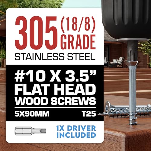 Image of #10 x 3 1 /2 Inch Stainless Steel Deck Screws | 305 Grade (100 Pack) | Flat Head T25 Star Torx Drive | Stainless Steel Screws by Eagle Claw Fasteners | Corrosion & Rust Resistant (Includes Driver Bit)