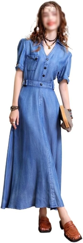 JSEIAJB French V-Neck Dress with Retro Waist and Slim Denim Long Skirt