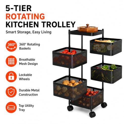 Image of Homeor 5 Layer Kitchen Trolley with Wheels | 360 Rotating Metal Storage Rack for Vegetables, Fruits, Onion & Spices | Square Multipurpose Kitchen Organizer Stand | Metal Kitchen Trolley, Matte Black