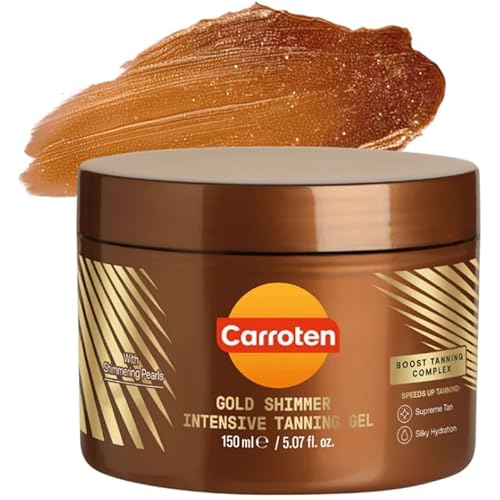 Carroten Gold Shimmer Tanning Gel | Browning Tan Accelerator | Non-Greasy, Water-Resistant with Carrot & Coconut Oil | Vitamin A & E For Moisture & Hydration | Made in Greece | 5 Fl Oz