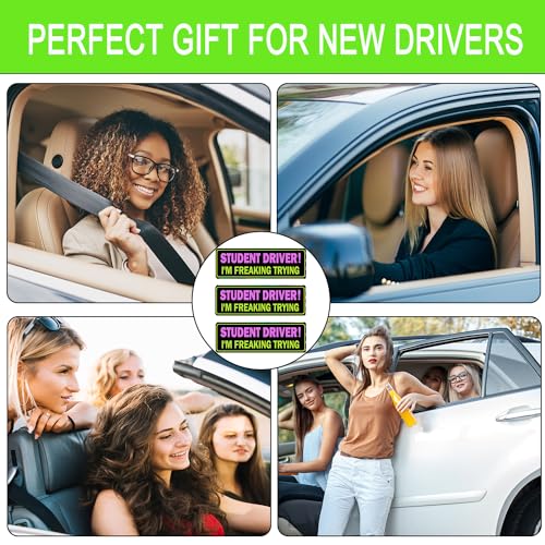 Image of 3 Pack Student Driver Magnet for Car, Magnetic Student Driver Sign for Vehicle, Reflective Warning Bumper Sticker Magnet Sign for New Driver, 10 inch x 4 inch (Black-PinkYellow)