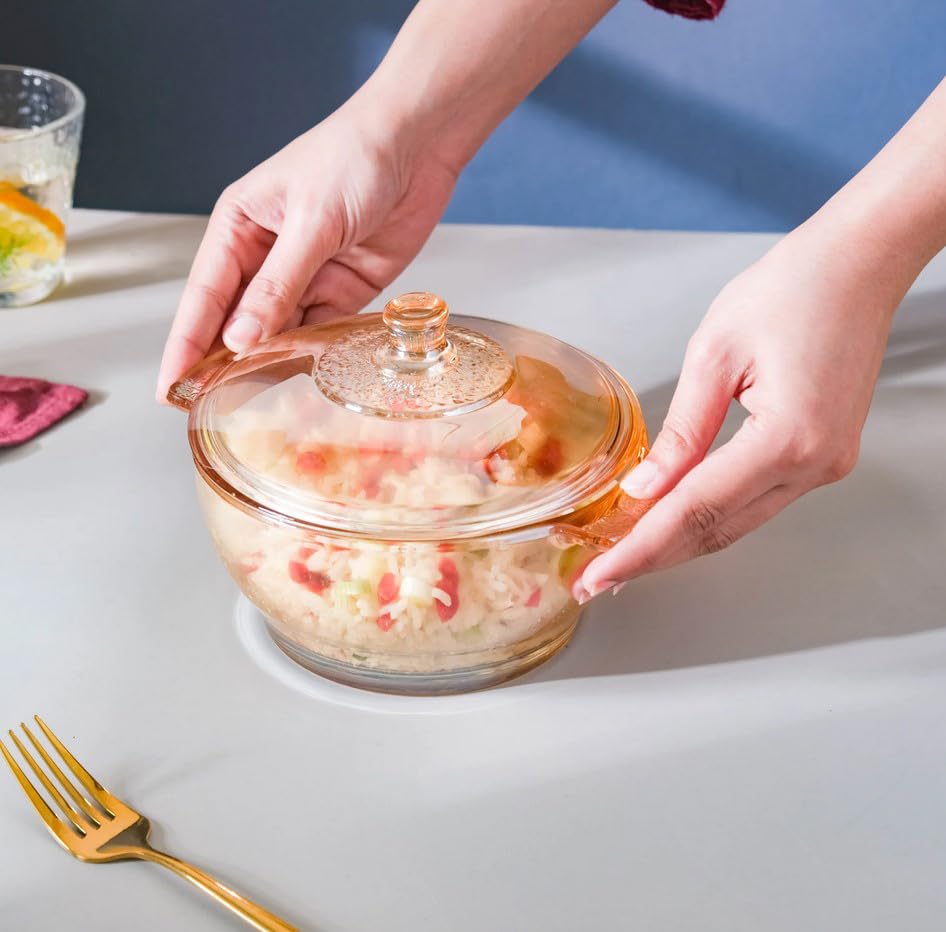 Image of Brown Glass Casserole Deep Round 1000 ML - Oven and Microwave Safe Serving Bowl with Glass Lid (2 Pc, Brown - B)