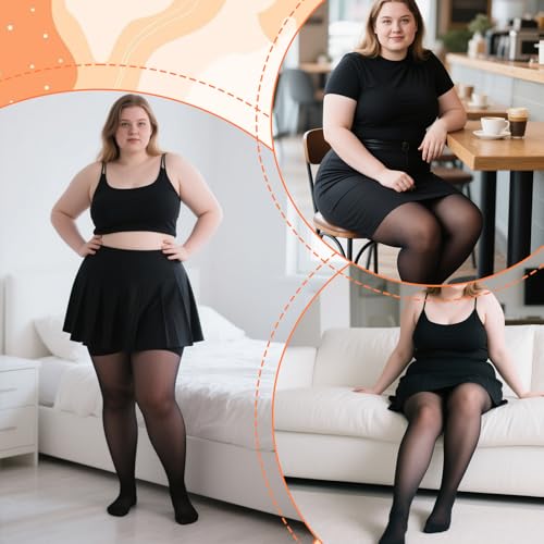 Image of Piriuuo 2 Pairs Plus Size Sheer Tights for Women, Plus Size Stockings 20D Control Top Pantyhose with Reinforced Toes Ultra Thin High Waist Black Pantyhose Stockings