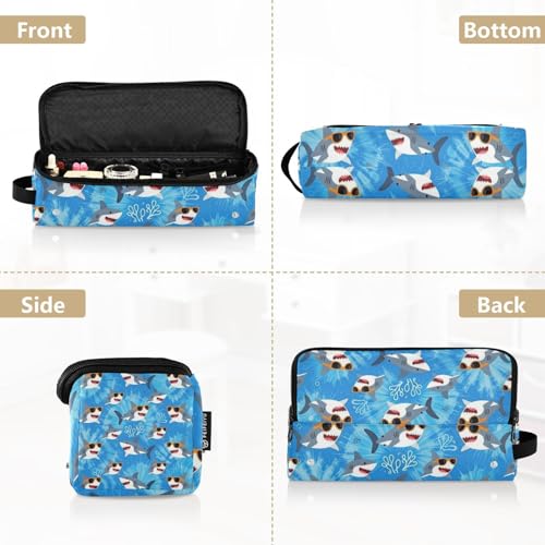 Bolsa de viaje para herramientas capilares con tapete resistente al calor para plancha y rizador, organizador portátil patrón tiburones con gafas de sol miniatura 5