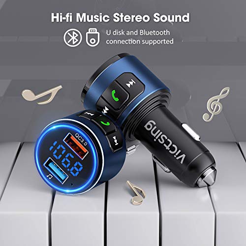 VicTsing (Upgraded Version) V5.0 Bluetooth FM Transmitter for Car, QC3.0 & LED Backlit Wireless Bluetooth FM Radio Adapter Music Player /Car Kit with Hands-Free Calls, Siri Google Assistant-Blue