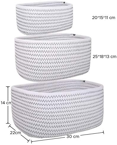 LA JOLIE MUSE Cotton Rope Woven Storage Basket Set of 3, Stackable Multipurpose Organizer Bins, White with Zig Zag Line Pattern
