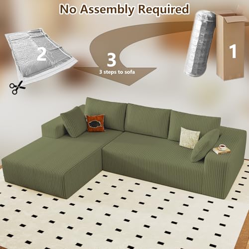 Image of 96 inch Modular Sectional Couch, Boneless L Shaped Cloud Sofa with Chaise Lounge, Corduroy Upholstered Couches Memory Foam Deep Seat, No Assembly Required, Ideal for Living Room(Green, Left Facing)