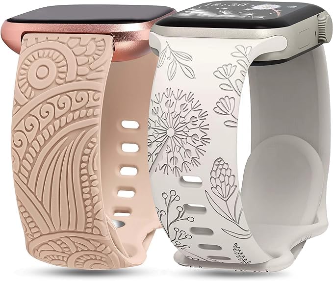 Axtcool 2 Pack Floral Engraved Bands Compatible with Apple Watch Bands 38mm 40mm 41mm, Soft Silicone Cute Wildflowers Sport Laser Strap for iWatch Bands Series 9 Ultra SE 8 6 5 4 3 2 1