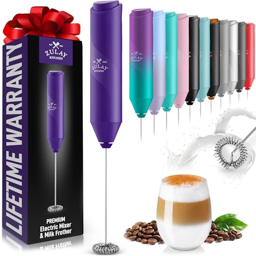 Zulay Kitchen Powerful Milk Frother Wand - Mini Milk Frother Handheld Stainless Steel - Battery Operated Drink Mixer for Coffee, Lattes, Cappuccino, Matcha - Froth Mate Milk Frother Gift, Deep Purple
