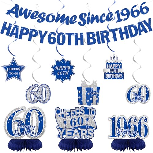 Image of Crenics Blue 1966 60th Birthday Decorations for Men or Women | Happy 60th Birthday Banner, Awesome Since 1966 Banner, Honeycomb Centerpieces and Hanging Swirls for 60 years old Party Suppl