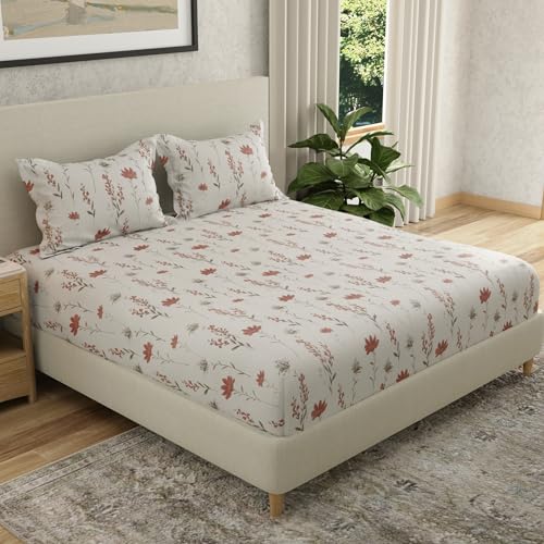 Image of HUESLAND by Ahmedabad Cotton 144 TC Cotton Elastic Fitted Bedsheet King Size with 2 Pillow Covers | 72 x 78 inches