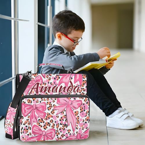 Image of Custom 3 Ring Zipper Binder Pink Bow Leopard Print Personalized Name 1.5 inch Binders Large Capacity Multi Pockets for School Office Supplies