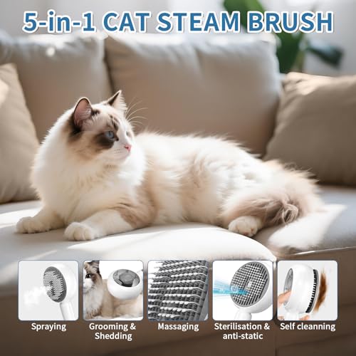Image of Cat Steam Brush for Indoor Cat Dog 5 In 1 Pet Fur Remover Tool for Shedding & Grooming Anti-Static Spray Hair Removal Comb with Release Button Long Short Hair Pet Dog Supplies - White
