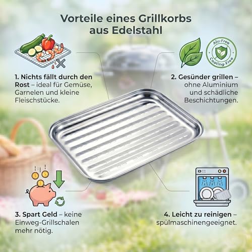Gardenko Grillschale aus Edelstahl 34,7 x 24,6 cm - Wiederverwendbarer Grillkorb für Gas-, Elektro- und Holzkohlegrill - Ideal für Gemüse, Fleisch und Fisch