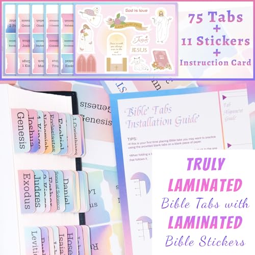 Image of Bible Tabs with Unique Stickers, Bible Tabs for Women, Laminated Bible Tabs, Christian Gifts, Large Print Bible Tabs for Easy Navigation, Bible Book Index Tabs Labels, Bible Study Supplies (Rainbow)