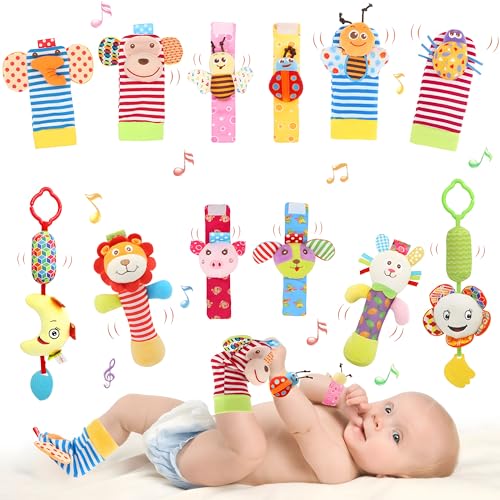 Image of Bloobloomax Wrist and Foot Rattles - Hanging and Hand Bracelet Rattles, Ankle Socks for Newborns and Infants (12pcs)