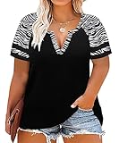CARCOS Plus Size Tops for Women V Neck Zebra Print Short Sleeve Black Raglan Tshirt Color Block Blouse Oversized Tee Loose Fit Summer Tunic XL 14W 16W