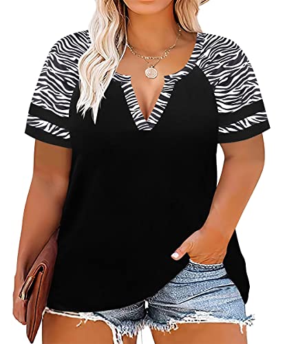 CARCOS Plus Size Tops for Women V Neck Zebra Print Short Sleeve Black Raglan Tshirt Color Block Blouse Oversized Tee Loose Fit Summer Tunic XL 14W 16W