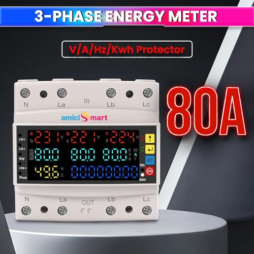 Image of amiciSmart 3-Phase Energy Meter 80A, Auto-Reconnect | Over /Under Voltage, Current, Frequency, Phase Protection | LCD Display | DIN Rail Mount | 220VAC Power Monitor