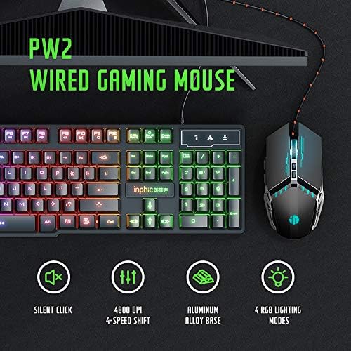 INPHIC Gaming Mouse, Silent Click USB Optical Wired PC Laptop Computer Gaming Mouse 4800DPI Ergonomic Mice with 6 Programmable Buttons,4 DPI Adjustment, RGB Breathing LED