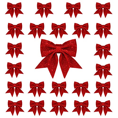 Whaline 24pcs 5.5'' Christmas Bow Decorations Small Christmas Tree Bows Red Wreaths Ornaments Sequin Ties Xmas Decorative Bows for Home Holiday Party Gift Wrapping by Whaline - Used condition - US$13.85