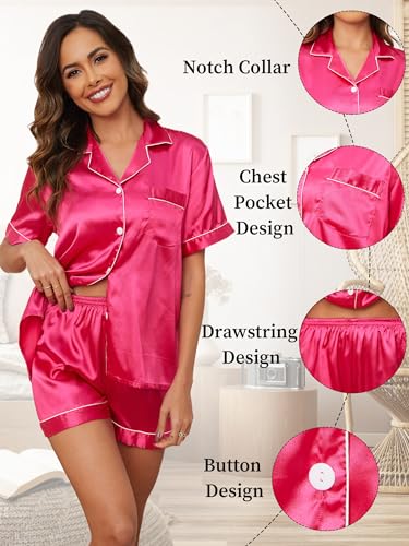 Womens Silk Satin Pajamas Set 2 Piece Soft Button Down Loungewear Pjs Sets Summer Short Sleeve Sleepwear4
