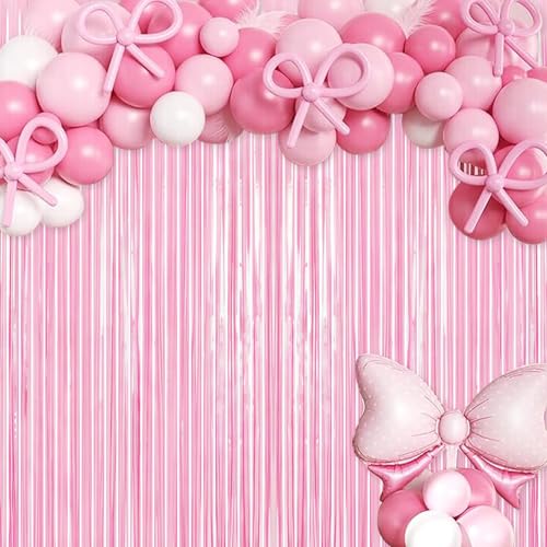 Image of Thicken Pastel Pink Party Backdrop 2 Pack 3.3x6.6 ft, Baby Pink Tinsel Foil Fringe Streamers for Baby Shower, Birthday, Princess, Tea, Valentines, Bow Themed Party Decorations