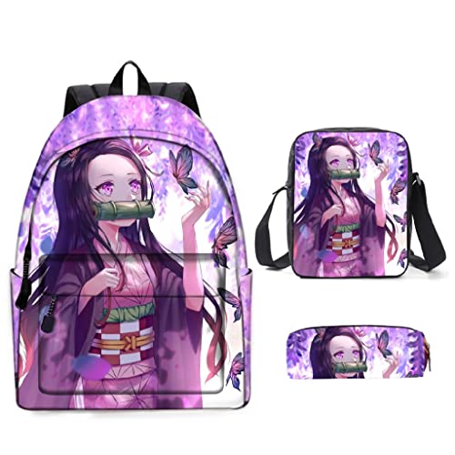 Sac à Dos Demon Slayer et Trousse Lunch Bag pour Garçons Enfant Filles Anime Nezuko Kimetsu No Yaiba Sac à Dos 3D Manga Tanjiro Kamado Bookbag Grande Capacité Sac d'école Sac De Voyage (P,16 inch)