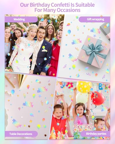 Image of 600 PCS Iridescent Happy Birthday Confetti, Multi-Color Birthday Confetti Metallic Foil Balloon Confettis Table Decorations for Party, Baby Shower, DIY Arts and Crafting