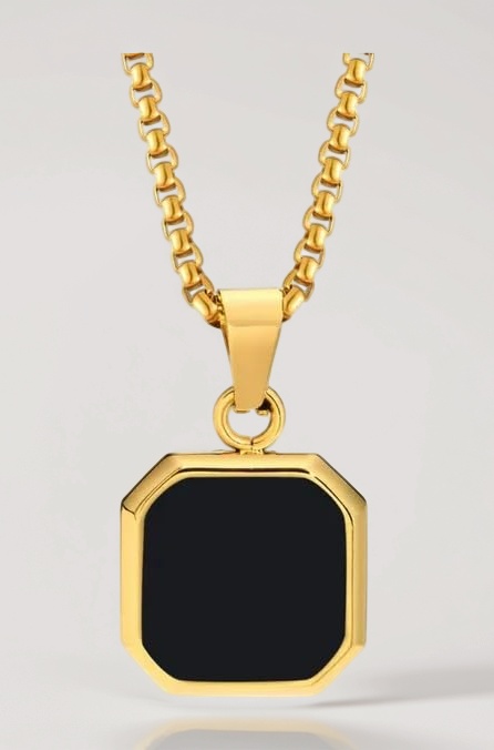 Inites Stylish Stainless Steel Funky Geometric Black Square Natural Stone Punk Locket Pendant Necklace With Box Chain For Men's & Boy's Jewellery