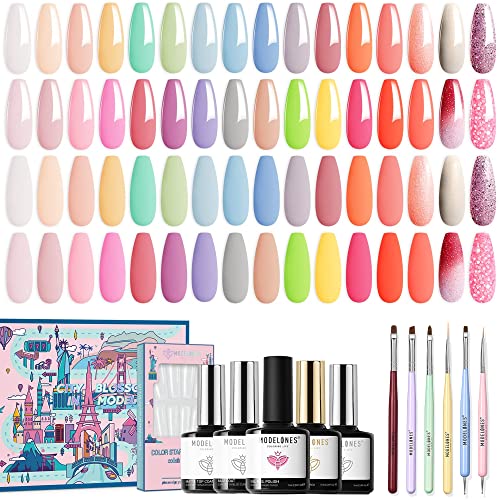modelones 36 Pcs Gel Nail Polish Kit, 2022 Summer Pastel Gel Polish Set with Nail Art Brushes Bond Primer Glossy& Matte Top Base Coat Gift for Women Girls