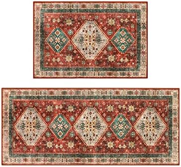 Lahome Thin Kitchen Rugs Sets of 2, Persian Washable Kitchen Floor Mats for in Front of Sink Oriental Kitchen Sink Mats, Distressed Waterproof Tribal Rug for Kitchen Floor, 20x30+20x47