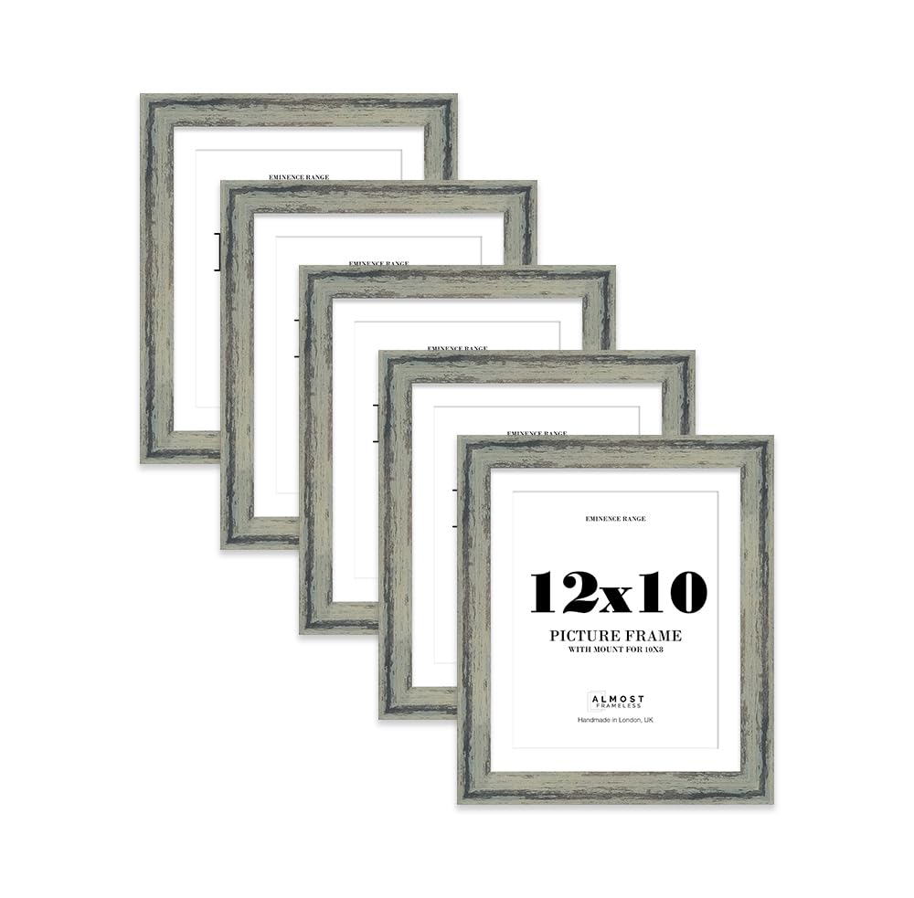 12x10" Distressed Green Picture Frame with 10x8" Mount - Aged Photo Frame with Distressed Finish, Wall Hooks and Kickstand, 32mm Edge - 5 Pack