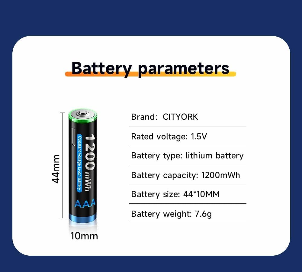 CITYORK Lot de 8 piles rechargeables USB-C AAA au lithium 1,5 V 1200 mWh avec câble de charge USB 4 en 1