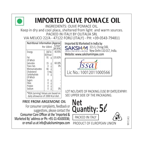 Image of Olitalia Pomace Olive Oil • Light Taste, High Smoke Point Imported Italian Cooking Olive Oil • Ideal for Indian Cooking, Frying, Sauteing & Baking, 169.07 fl oz ℮ 5000 ml