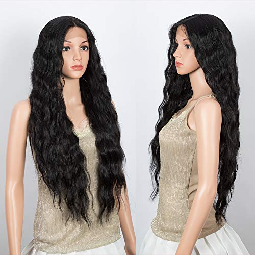 DÉBUT Lace Front Perücke 75 cm Wasserwelle Super lange Perücke 5% Brasilianisches Reines Echthaar und 95% Hitzebeständige Synthetische Mischung Perücke 240g 12 cm Spitzenscheitel (75 cm,Naturschwarz) – Bild 5