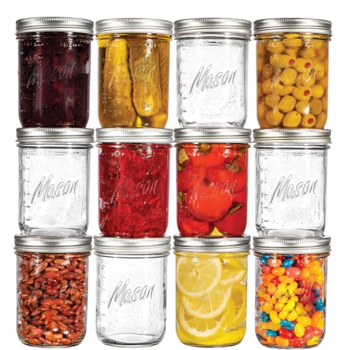 Image of Regular Mouth Mason Jars 8 oz. (12 Pack) - Half Pint Size Jars with Airtight Lids and Bands - Made in USA - for Canning, Fermenting, Pickling, or DIY Decors and Projects Bundled with Jar Opener