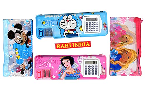 RAHI India Multipurpose Magnetic Pencil Box with Calculator, (Pack of 2 pc Combo)Dual Sharpener for Girls & Boys Big Size Cartoon Printed Pencil Case for Kids (Doremon + Barbie) with Pencil Pouch
