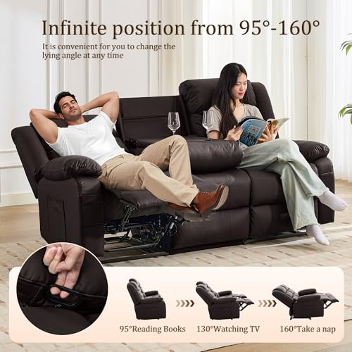 Korser Recliner Sofa, Reclining Loveseat with Console, Oversized Reclining Couch with Drop Down Table, 3-Seater Sofa with Cup Holder and Recessed Power Strip, Brown - image 3