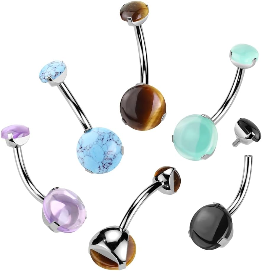 Pierced Owl 14GA ASTM F-136 Implant Grade Titanium Internally Threaded Prong Set Natural Stone Belly Button Ring