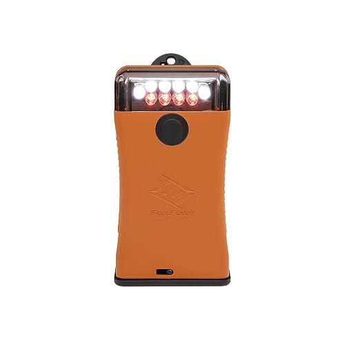 FoxFury Scout - Lámpara de clip con LED blanco y rojo, naranja, resistente al fuego y a los impactos, impermeable, 49 lúmenes