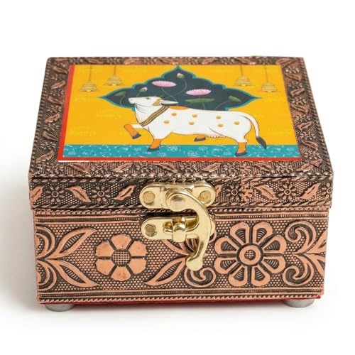 Image of Kamdhenu Wooden Jewellery Box | Handcrafted Decorative Storage Organizer | Traditional, Multipurpose Keepsake Box for Rings, Earrings & Small Accessories | Yellow, Pack of 1