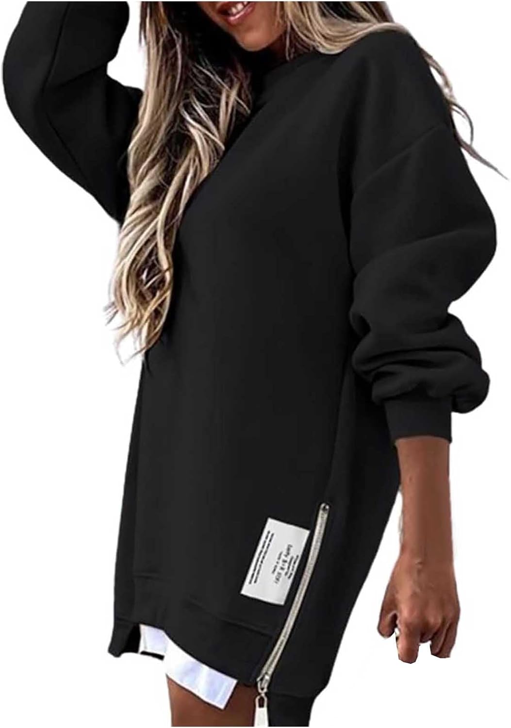 JiXiang Sweatshirt Dress Knee Length Long Sleeve Zipper Side Slits Tops Oversized Casual Y2k Off The Shoulder Pullover Dress