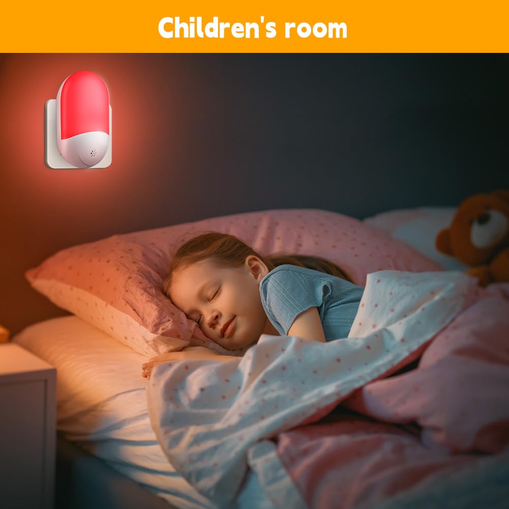 HOTUT 2-pak lampek nocnych z wtyczką i czujnikiem zmierzchu, czerwona lampka nocna LED dla dzieci, wtyczka do lampki nocnej dla dzieci, lampka nocna do pokoju dziecięcego, na schody, korytarze